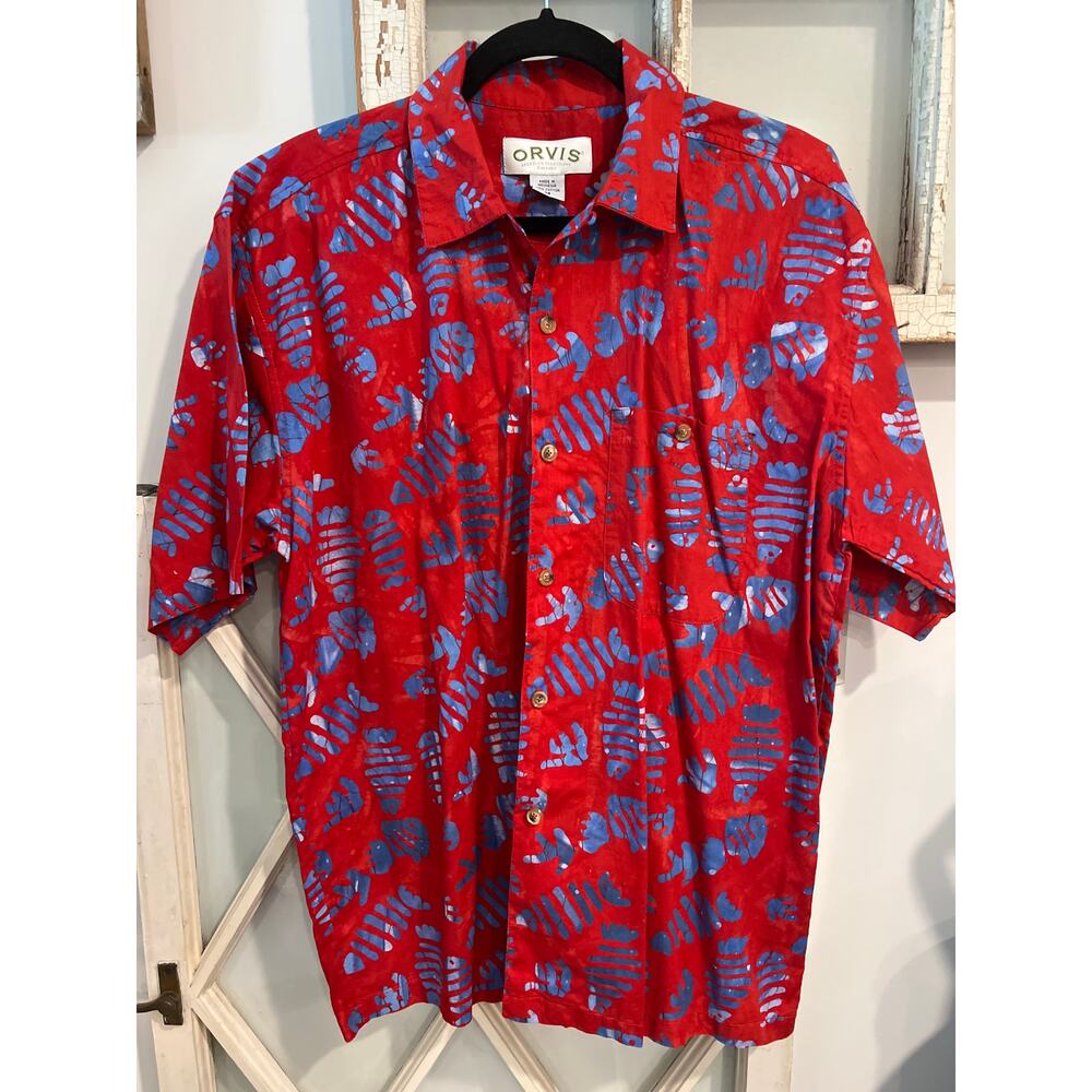 Orvis size medium red button down shirt with fish